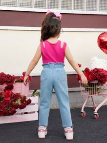 1 Set Young Girl Solid Color Round Neck Top And Front Button Long Pants - Multicolor - View 2