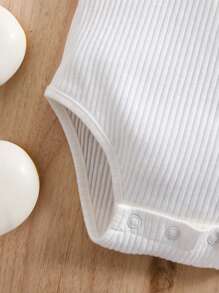 SHEIN Newborn Baby Girl Cute Summer Ruffled Strap Knitted Bodysuit - White - View 3