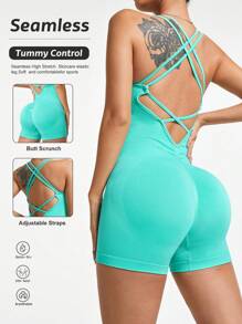 Easithlete 女士纯色交叉后背休闲细肩带露背运动连体衣