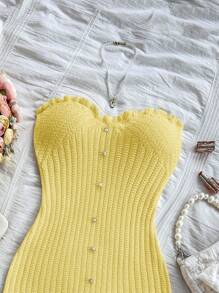 Soleia Fitted Ribbed Knit Dress With Ruffle Hem And Button Detail, Sexy & Comfortable - Yellow - View 6