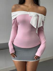 SHEIN EZwear Women's Contrast Bow Decor Off Shoulder Long Sleeve Fitted Fashion T-Shirt