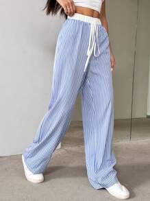 Flirla Pantalones rectos casuales de mujer a rayas azules y blancas - Azul - Ver 6