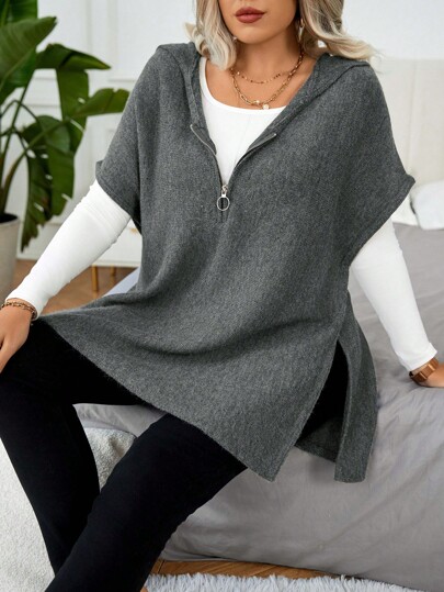 EMERY ROSE Plus Size Spring & Autumn Solid Color Batwing Sleeve Side Slit Hooded Sweater Vest Winter Fall