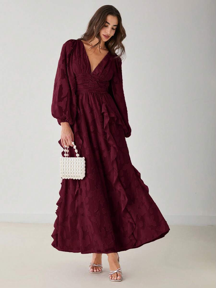 Enchnt Đầm Maxi Thanh Lịch Cổ Chữ V Tay Phồng Viền Xếp Ly Màu Trơn Cho Nữ - Màu Đỏ Sâu - Xem 1