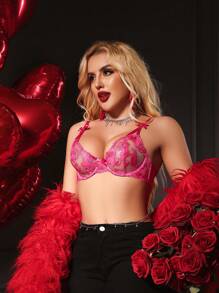SHEIN Charming, Sexy, And Elegant Embroidered Longline Underwire Cross-Back Bra, Magenta Lingerie - Hot Pink - View 5