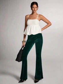 SHEIN BAE 女士纯黑色天鹅绒弹力腰部修身喇叭裤，百搭秋冬季、夜间派对、俱乐部派对 - 墨綠色 - 查看 4