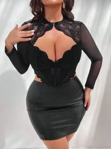 SHEIN Unity Plus Size Women's Sexy Long Sleeve Lace Top, Elegant Fall Cloth For Women - Black - View 1