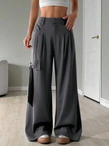 SHEIN EZwear 女士休闲纯色蝴蝶结装饰阔腿西装裤 - 灰色 - 查看 5