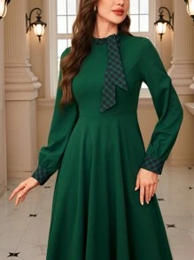 Vintamour Vintage Elegant Women's Plaid Patchwork Standing Collar Long Lantern Sleeve Tied Neck A-Line Casual Work Dress, Festival Christmas Women Dress Christmas Women Clothes Thanksgiving Women Outfit Winter Women Dress Fall Women Clothes Dress Green Long Sleeve Dress Fall Women Outfits Homecoming Dresses Long Sleeve Dress Winter Women Outfits Fall Dresses Party Women Dresses Winter Clothes