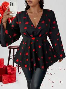 Celure Plus Size V-Neck Ruched Front Heart Textured A-Line Bell Sleeve Blouse, Valentines Day - Multicolor - View 4