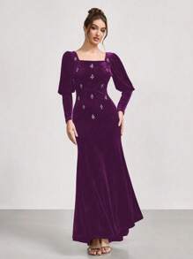 SHEIN Belle Rhinestone Embellished Velvet Long Sleeve Mermaid Dress, New Arrival Stage/Banquet/Party Slimming Gown, Wedding Guest Dress