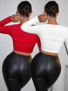 SHEIN SXY 2pcs/Set Sexy Wide Collar Long Sleeve Bodycon T-Shirt - Red - View 2