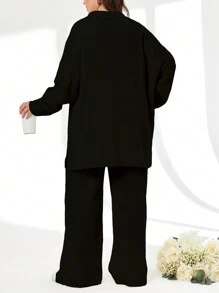 RueChic 2pcs/Set Solid Color Turn-Down Collar Sweater And Long Pants Outfit - Black - View 2