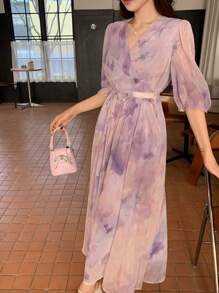 DAZY Women's Tie-Dye Print V-Neck Short Sleeve Elegant Chiffon Mid-Length Dress Summer Sundress Floral - Pink - View 6