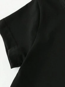 女士休闲趣味足球及口号图案印花落肩短袖 T 恤 - 黑色 - 查看 5