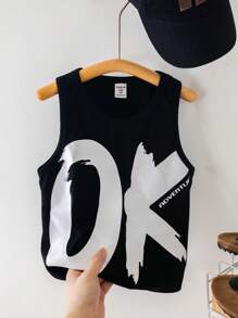 Tween Boy Casual Big Letter Pattern Round Neck All-Match Versatile Tank Top, Suitable For Summer, Outdoor Play, School, Street Photography, Party And Home Leisure, Great Value