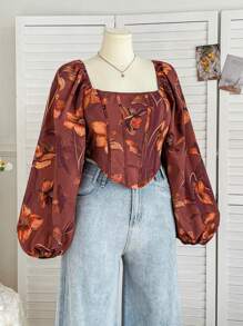 Soleia Plus Size Women's Retro Renaissance Style Brown Boat Neck Lantern Sleeve Cropped Blouse