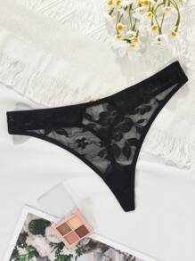 Women's Black Lace Heart Decor Thong Panty