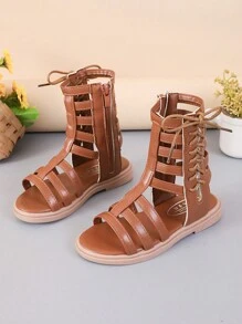 New Fashionable Minimalist Side Zip Children Roman Flat Sandals, Spring/Summer - Brown - View 1
