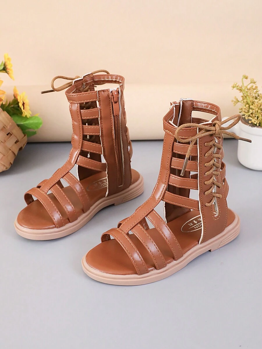 New Fashionable Minimalist Side Zip Children Roman Flat Sandals, Spring/Summer - Brown - View 1