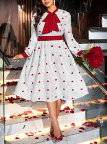 Flirla Đầm dài tay in hình trái tim đỏ thanh lịch cho ngày lễ tình nhân cỡ lớn dành cho nữ - Nhiều màu - Xem 1