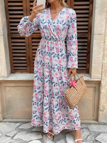 Breezaya Casual Fitted V-Neck Printed Ruffle Long Sleeve Dress For Women, Autumn/Winter - Multicolor - View 6