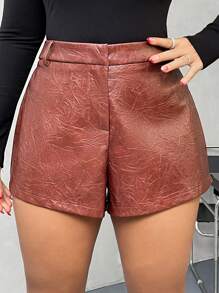 SHEIN Privé Quần short da PU siêu ngắn thời trang cổ điển, thanh lịch khi đi làm, nơi làm việc, trà chiều tinh tế, hẹn hò lãng mạn, lễ hội âm nhạc, tiệc tùng, phong cách retro phổ biến của INS, quần short đỏ tía gợi cảm dành cho quý cô - Màu Đỏ Sâu - Xem 4