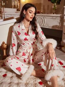 LuxeNights 1 Bộ đồ ngủ tay dài in hình trái tim giả bằng lụa giả trang trí lông thú ngày lễ tình nhân và quần dài mặc nhà, quần áo mùa thu - Màu be - Xem 5