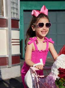 2pcs/Set Young Girl's Plain Crepe Fabric Bowknot Camisole Top And Flare Leg Pants, Elegant Fashion Design Suitable For Outing, School And All Seasons - Hot Pink - View 3