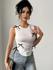 Chiquease Color Block Round Neck Bowknot Pleated Women Camisole