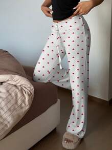 SHEIN EZwear Heart Design Cute Low Waist Drawstring Wide Leg Yoga & Home Pants - White - View 6