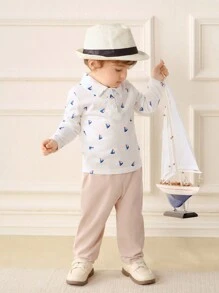 SHEIN Baby Boys Spring & Autumn New Style Half-Open Collar Long Sleeve T-Shirt And Elastic Waist Straight Leg Pants Set, Fashion Simple Boat Print, Casual & Chic - Khaki - View 3