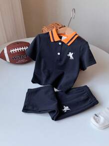 SHEIN Set di polo a contrasto navy e pantaloni con vita elastica per neonati/neonati, outfit estivo - Multicolore - Visualizzare 5