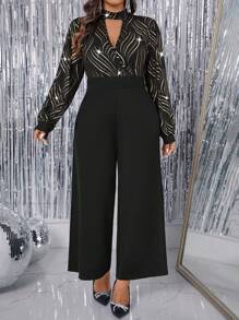 Allurite Plus Size Women Foil Striped V-Neck Lantern Sleeve Wide Leg Elegant Jumpsuit