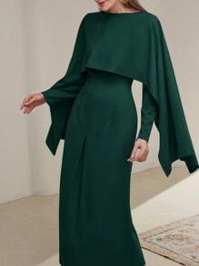Modelyn 女士纯色圆领拼布阿巴雅长裙，优雅阿拉伯设计长款晚礼服，端庄