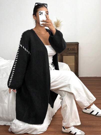 SHEIN Frenchy 大码中长款高保暖舒适扭纹前部白色饰边开衫，时尚