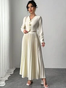 Chiquease 2pcs Set Solid Color Pleated V-Neck Long Sleeve - Apricot - View 3