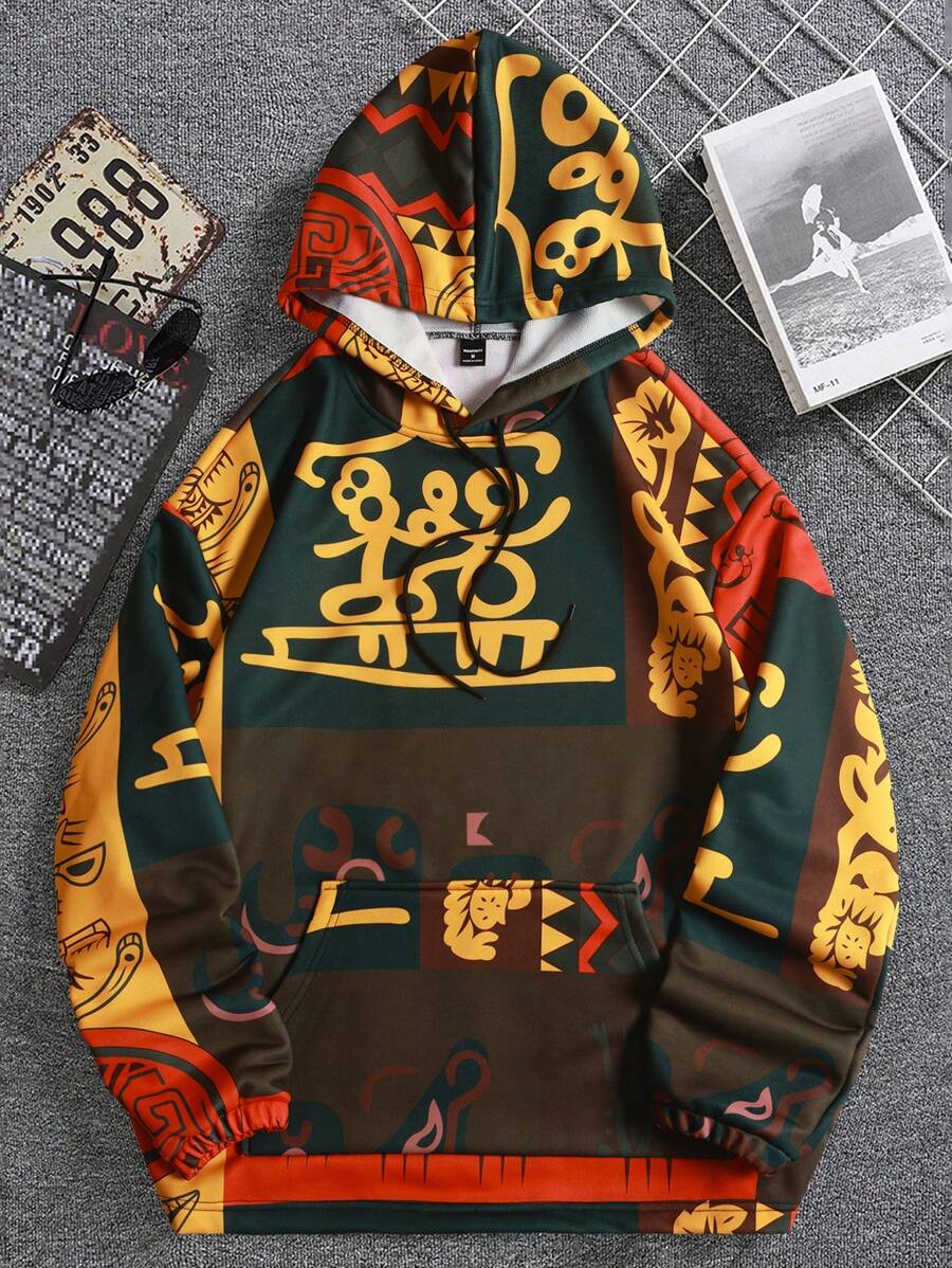 Manfinity Roghcode Sudadera casual con capucha estampada para hombre, diseño sencillo, manga larga, uso diario - Multicolor - Ver 1