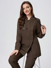 Scrubzie 2pcs Women Scrub Uniform Set Including Stand Collar Long Sleeve Top And Pants, Wrinkle Resistant - Brown - View 6