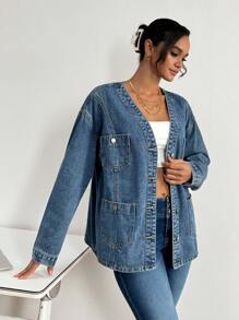 SHEIN Essnce Women's Front Button Long Sleeve Pocket Minimalist Casual Denim Jacket
