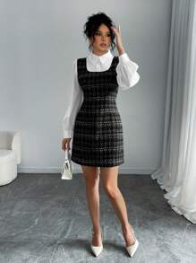 Chiquease Vestido de diseño ajustado con cuello de camisa de manga larga de patchwork de cuadros para mujer - Negro - Ver 5