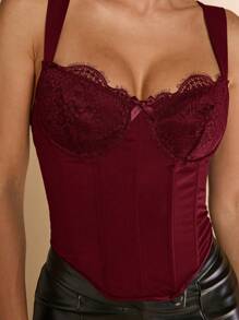 SHEIN BAE Burgundy Lace Panel Underwire Seamless Crop Top Bra