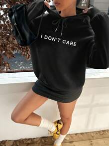 SHEIN EZwear 休闲简约“I Dant Care”字母图案超大加厚连帽卫衣，适合秋冬季 - 黑色 - 查看 5