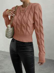 SHEIN Unity Casual Solid Color Cable Knit Crew Neck Sweater, Autumn/Winter Knit Pullover Fall Sweater - Dusty Pink - View 7