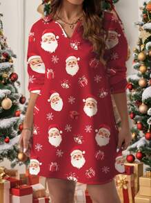 SHEIN LUNE Plus Size Women Christmas Santa Claus Silhouette Print A-Line Long Sleeve Dress - Multicolor - View 6