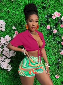 Slaydiva 纯色短款系带前开短袖衬衫和全印花短款短裤 - 玫紅色 - 查看 3