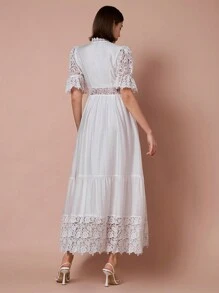 Enchnt Vestido elegante de manga curta com contraste de renda e botão único, romântico para primavera, para o Dia dos Namorados e jantares românticos, vestidos de festa, vestidos de férias - Branco - Ver 8