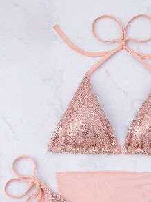 Swim Vcay 3pcs/Set Women Summer Beach Outfits, Sexy Sequin Triangle Bikini Top, High Cut Tie-Side Briefs, Solid Color Mesh Pareo Wrap