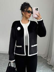 Elenzga Chaqueta elegante de mujer con cuello en V y apliques florales