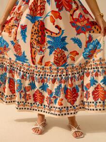 CAJUNI 女士深 V 领无袖系带休闲度假沙滩裙，热带豹纹、菠萝、巨嘴鸟印花波西米亚长裙，夏季 - 彩色 - 查看 7